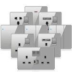 UK 13A Usb Ports Electrical Outlet Wall Led Light Switch,Gray Glass Universal Type-c 18W Smart Fast Charging Power Socket Plug