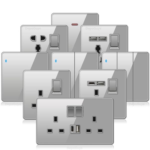 UK 13A Usb Ports Electrical Outlet Wall Led Light Switch,Gray Glass Universal Type-c 18W Smart Fast Charging Power Socket Plug